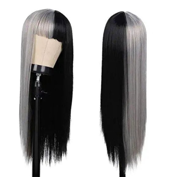 Half Grey Half Black Split Dye Cosplay Wigs- - Picture 1 of 4